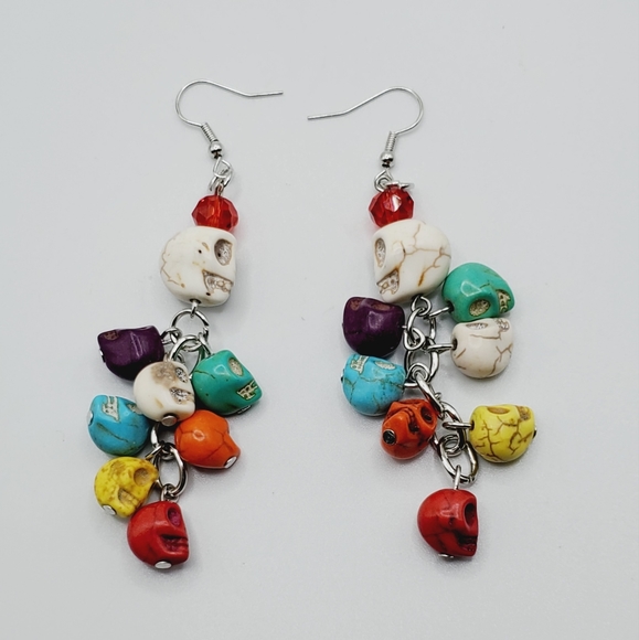 New natural stone day of the dead skull colorful earrings long - Picture 11 of 12
